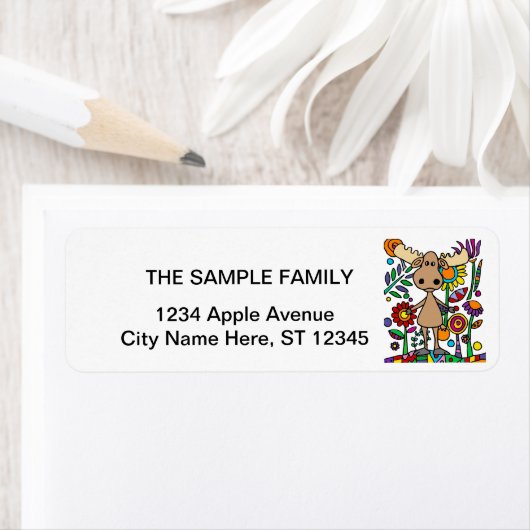 Funny Moose in Flower Garden Art Abstract Etiket (Insitu)