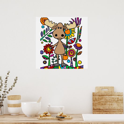 Funny Moose in Flower Garden Art Abstract Poster (Keuken)