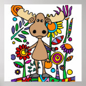Funny Moose in Flower Garden Art Abstract Poster (Voorkant)
