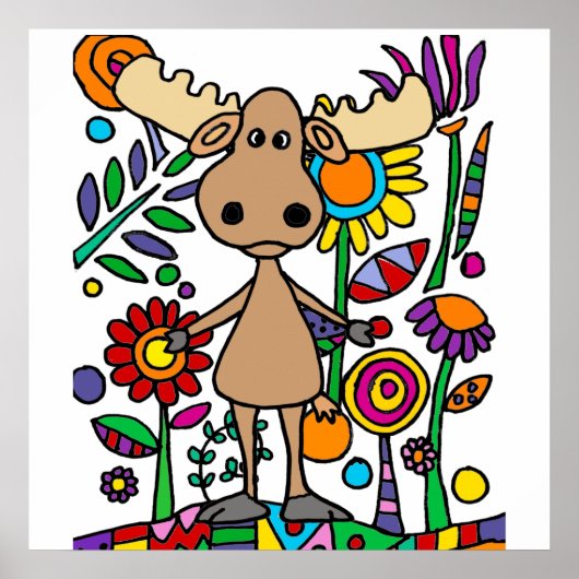 Funny Moose in Flower Garden Art Abstract Poster (Voorkant)