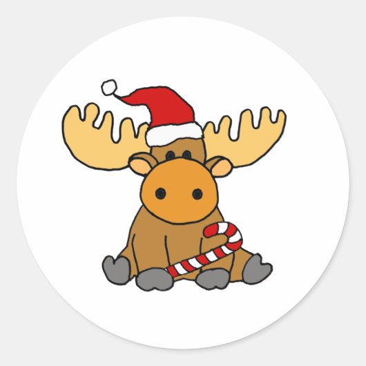 Funny Moose in Santa hat Christmas Cartoon Ronde Sticker (Voorkant)