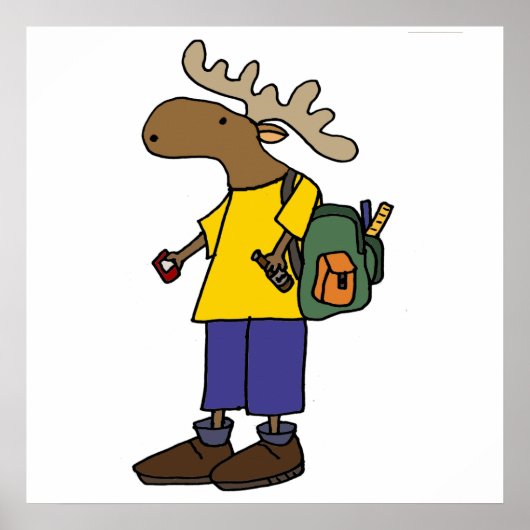 Funny Moose met rugzak Terug naar school Cartoon Poster (Voorkant)