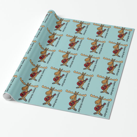 Funny Moose Plays Guitar Birthday Giftwrap Cadeaupapier (Uitgerold)