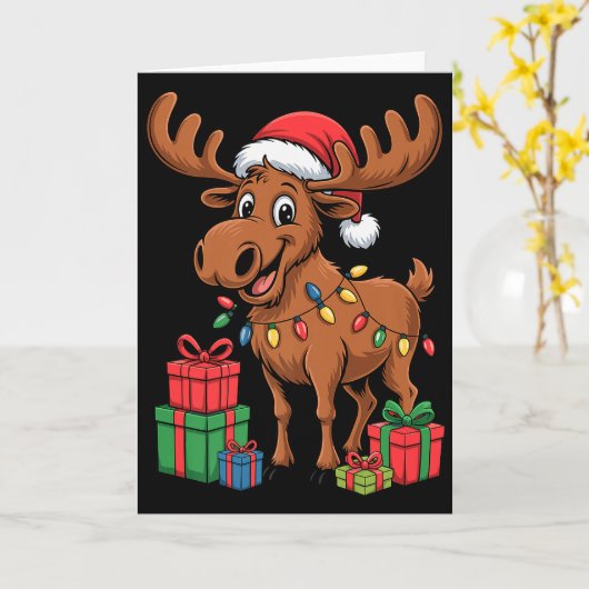 Funny Moose Santa Hat Animals Lovers Ugly Christma Kaart (Gele Bloem)