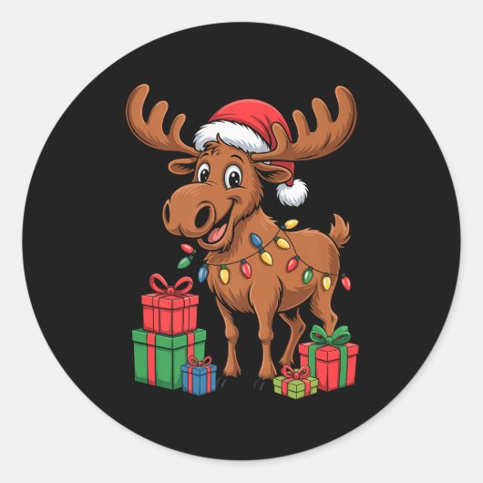 Funny Moose Santa Hat Animals Lovers Ugly Christma Ronde Sticker (Voorkant)