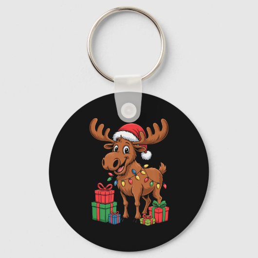 Funny Moose Santa Hat Animals Lovers Ugly Christma Sleutelhanger (Voorkant)