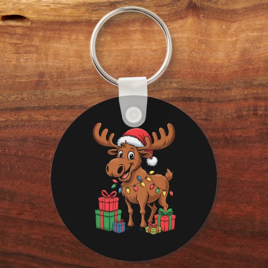 Funny Moose Santa Hat Animals Lovers Ugly Christma Sleutelhanger (Voorkant)