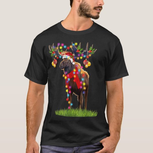 Funny Moose Santa Hat Reindekerst Licht Xm T-shirt (Voorkant)