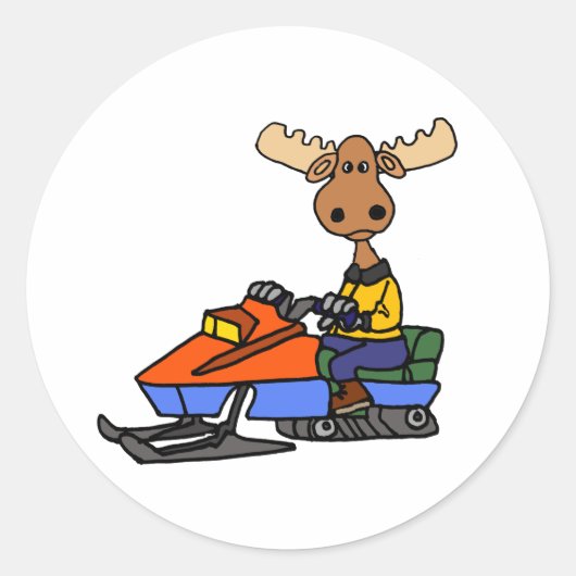 Funny Moose Snowmobiling Ronde Sticker (Voorkant)