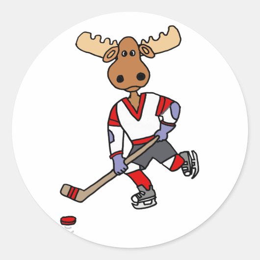 Funny Moose Spelen Ice Hockey Cartoon Ronde Sticker (Voorkant)