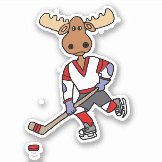 Funny Moose Spelen Ice Hockey Cartoon Sticker (Voorkant)