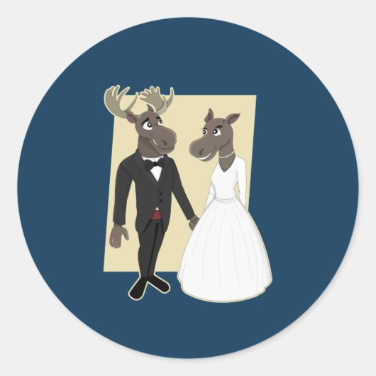 Funny Moose Wedding Cartoon Ronde Sticker (Voorkant)
