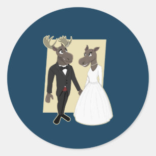 Funny Moose Wedding Cartoon Ronde Sticker