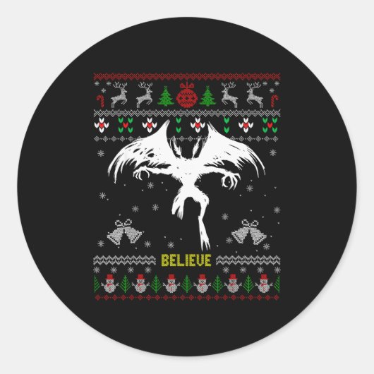 Funny Mothman Ugly Christmas Sweater Believe Crypt Ronde Sticker (Voorkant)