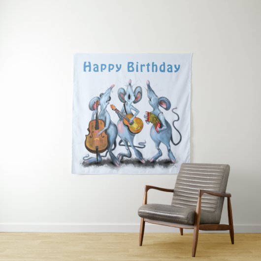 Funny Mouse Band Tapestry Happy Birthday To You Wandkleed (In situ)