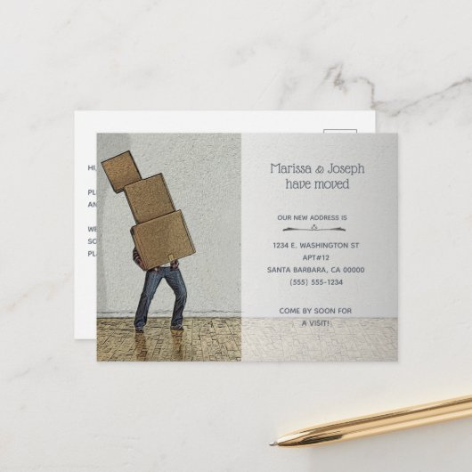 Funny Moving Boxes New Home Aankondigingskaart (Voorkant / Achterkant in situ)