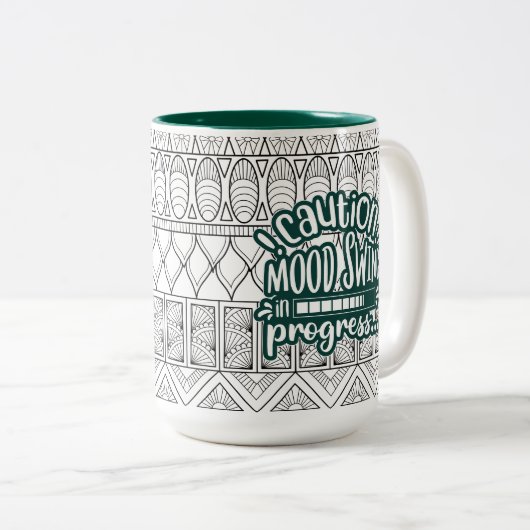 Funny Mug: Attentie Mood Swing in Progress Green Tweekleurige Koffiemok (Voorkant rechts)