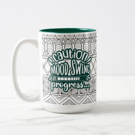 Funny Mug: Attentie Mood Swing in Progress Green Tweekleurige Koffiemok (Links)
