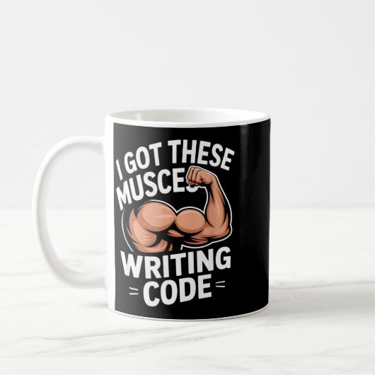 Funny muscles writing code saying programmer Funny Koffiemok (Links)