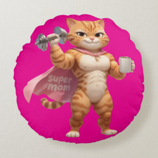 Funny Muscular Cat Fitness Motivation Pink  Rond Kussen