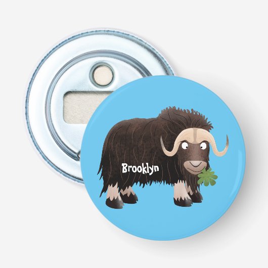 Funny musk ox cartoon illustratie button flesopener (Voorkant)