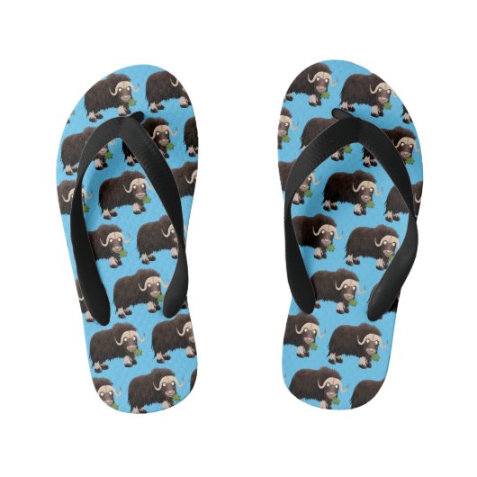 Funny musk ox cartoon illustratie kinder teenslippers (Voetbed)