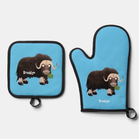 Funny musk ox cartoon illustratie ovenwant & pannenlap set (Voorkant)
