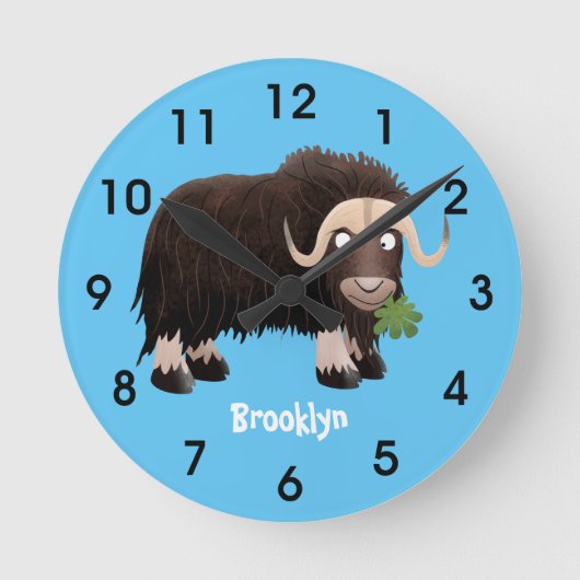 Funny musk ox cartoon illustratie ronde klok (Voorkant)