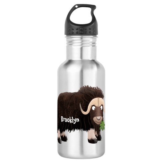 Funny musk ox cartoon illustratie waterfles  (Voorkant)