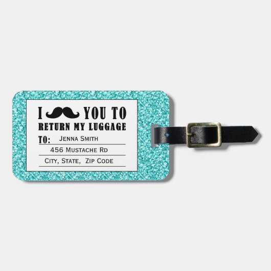 Funny Mustache Aqua Blue Glitter Bagagelabel (Voorkant horizontaal)
