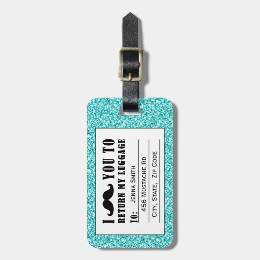 Funny Mustache Aqua Blue Glitter Bagagelabel (Voorkant verticaal)