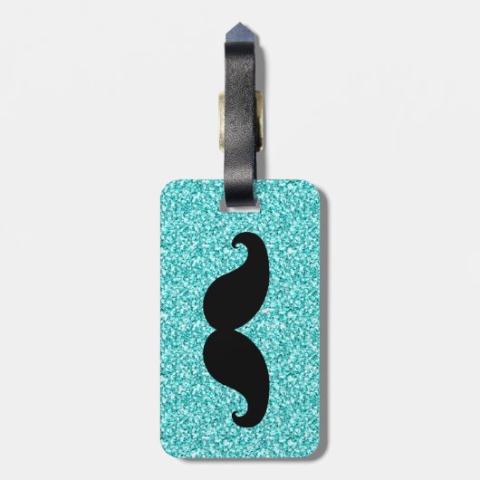 Funny Mustache Aqua Blue Glitter Bagagelabel (Achterkant verticaal)