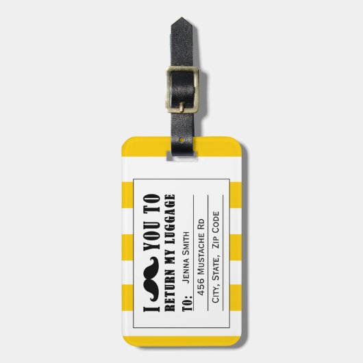 FUNNY MUSTACHE BAGAGELABEL | GEEL STRIPS (Voorkant verticaal)