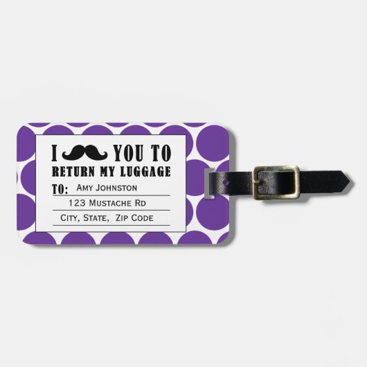 FUNNY MUSTACHE BAGAGELABEL | PAARSE STIPPEN (Voorkant horizontaal)