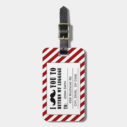 FUNNY MUSTACHE BAGAGELABEL | RODE STRIPEN (Voorkant verticaal)