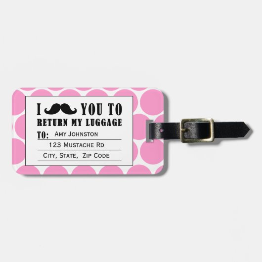 FUNNY MUSTACHE BAGAGELABEL | STIPPEN PINK (Voorkant horizontaal)