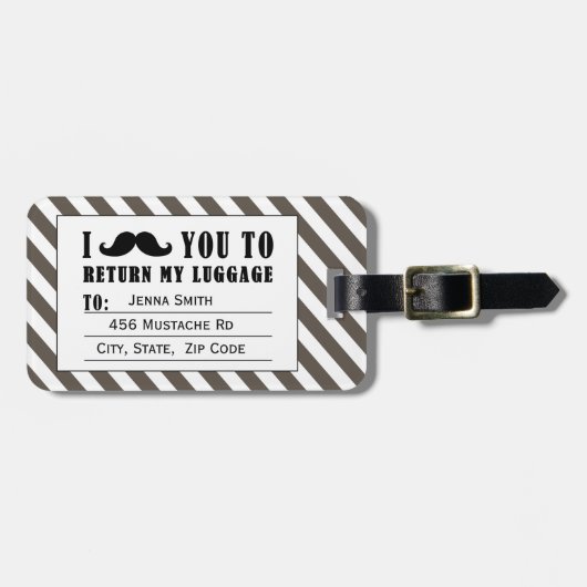 FUNNY MUSTACHE BAGAGELABEL | TAUPE STRIPES (Voorkant horizontaal)