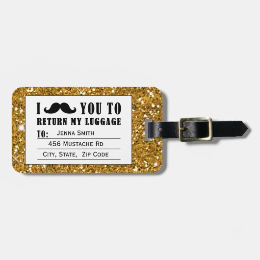 Funny Mustache Gold Glitter Bagagelabel (Voorkant horizontaal)
