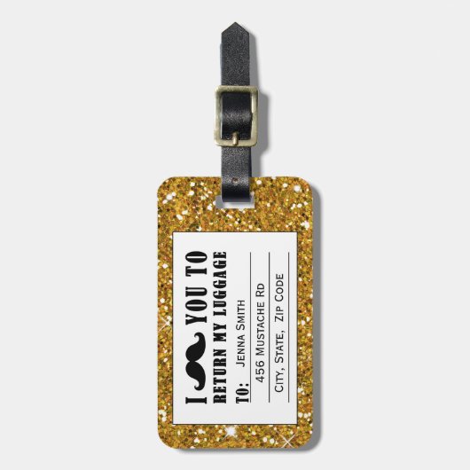 Funny Mustache Gold Glitter Bagagelabel (Voorkant verticaal)