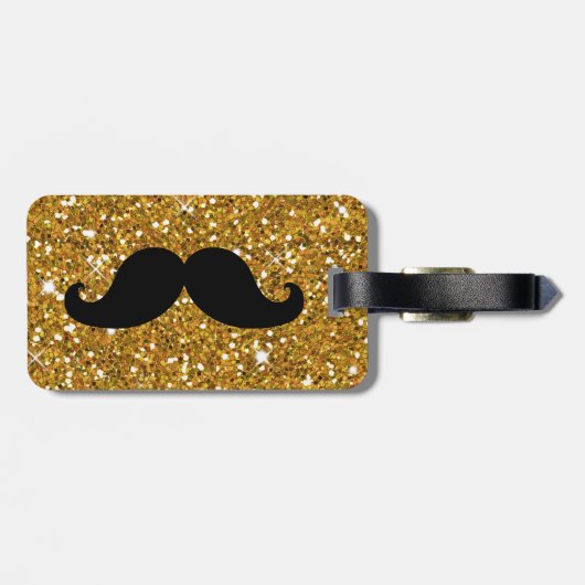 Funny Mustache Gold Glitter Bagagelabel (Achterkant horizontaal)