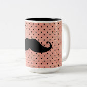 Funny mustache op Cute Pink Dot Background Tweekleurige Koffiemok (Voorkant rechts)