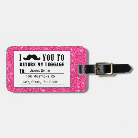 Funny Mustache Pink Glitter Bagagelabel (Voorkant horizontaal)