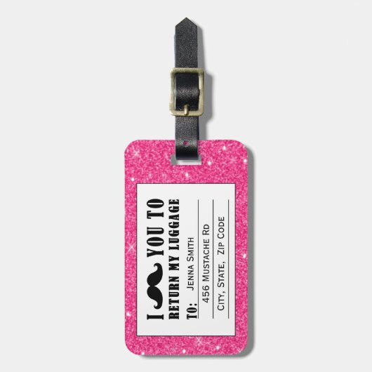 Funny Mustache Pink Glitter Bagagelabel (Voorkant verticaal)