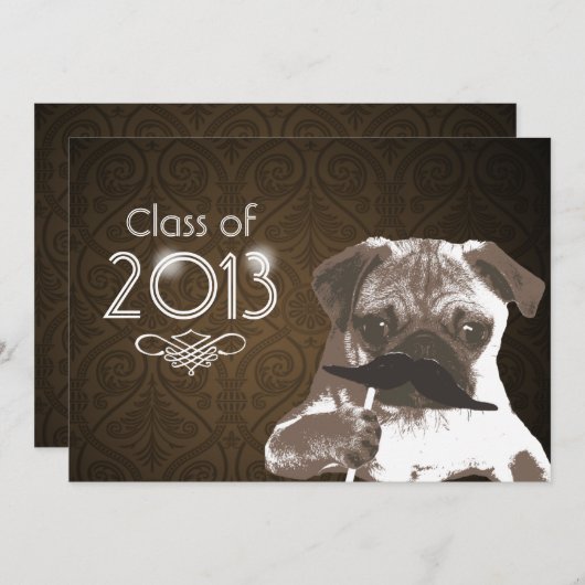 Funny Mustache Pug 2013 Graduation Party Invite Kaart (Voorkant / Achterkant)