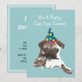 Funny Mustache Pug Birthday Party Invitation Kaart (Voorkant / Achterkant)
