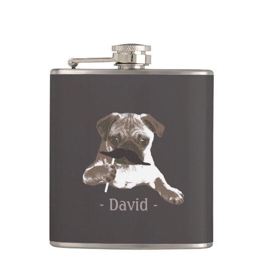 Funny Mustache Pug Dark Tan Flask Heupfles (Voorkant)