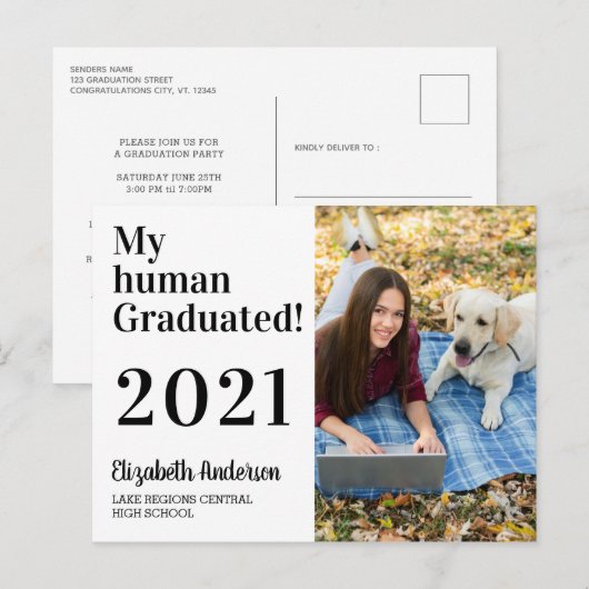 Funny My Human Graduated Dog 2021 Foto Afstuderen Uitnodiging Briefkaart (Voorkant / Achterkant)