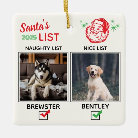 Funny Naughty or Nice Dog Photo Christmas Keramisch Ornament (Voorkant)