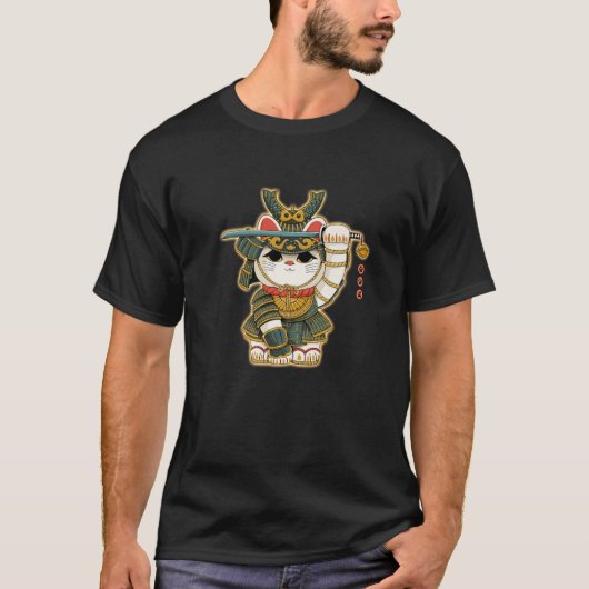 Funny Neko Lucky Cat Samurai Japan voor mannen vro T-shirt (Voorkant)