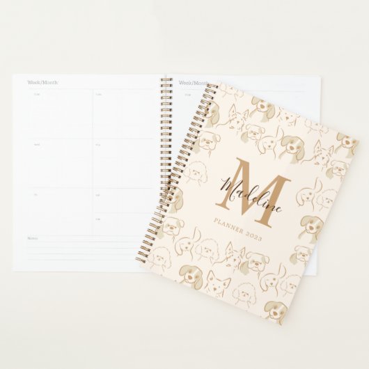 Funny Neutrale Pop Dog Patroon Elegant Monogram Planner (Display)